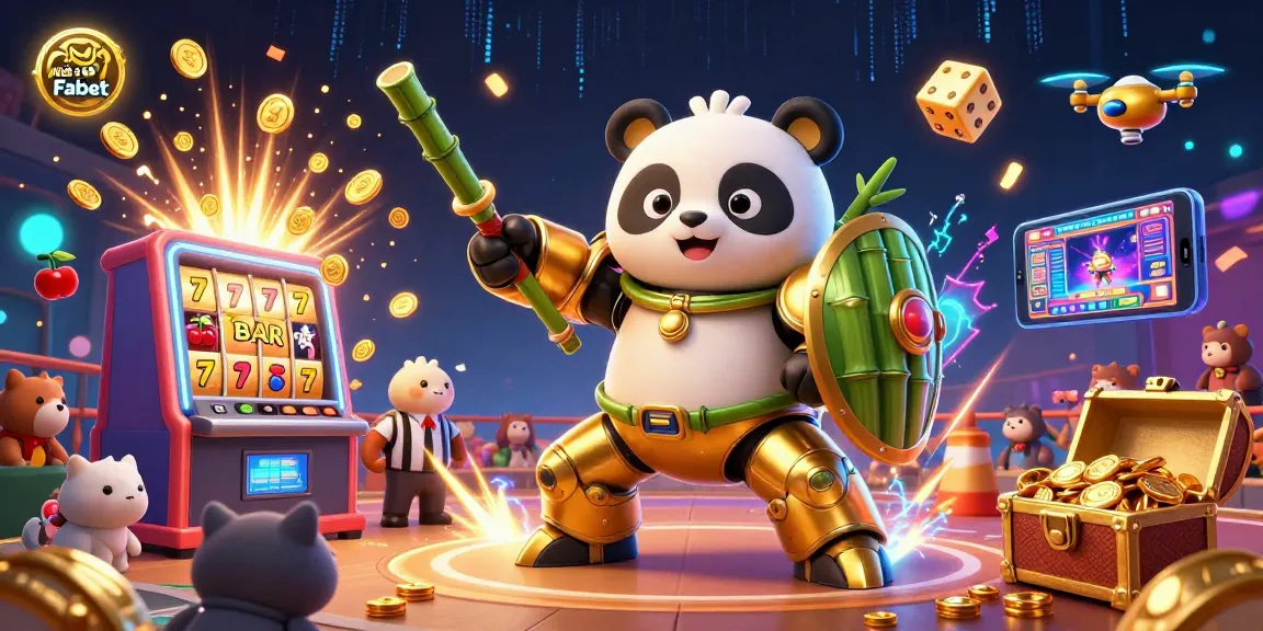 Engaging scene with Nhà cái Fabet featuring a mech-suit panda and jackpot elements for casino excitement.