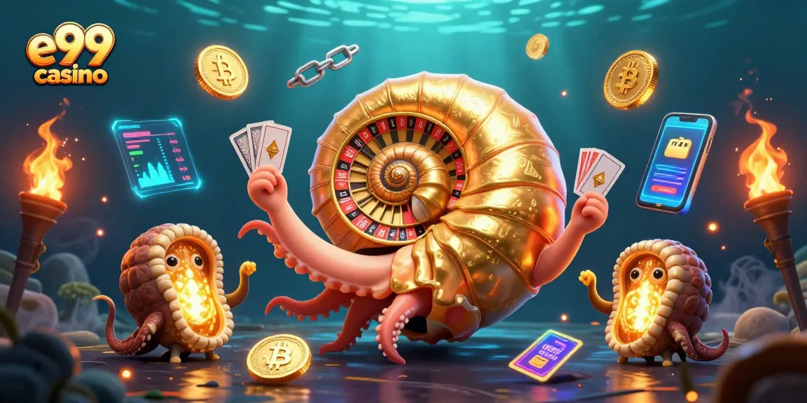 Win big at e99 casino with a vibrant 3D illustration of a nautilus roulette and crypto coins.