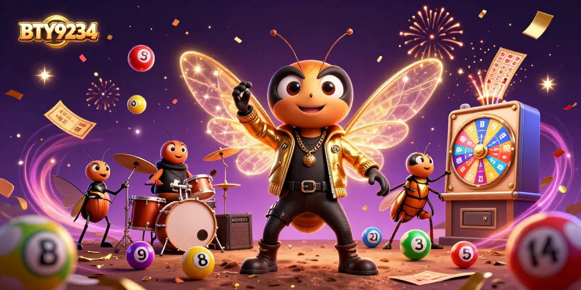 BTY9234 launches thrilling lottery excitement with buzzing cicada rock star amidst colorful game elements.