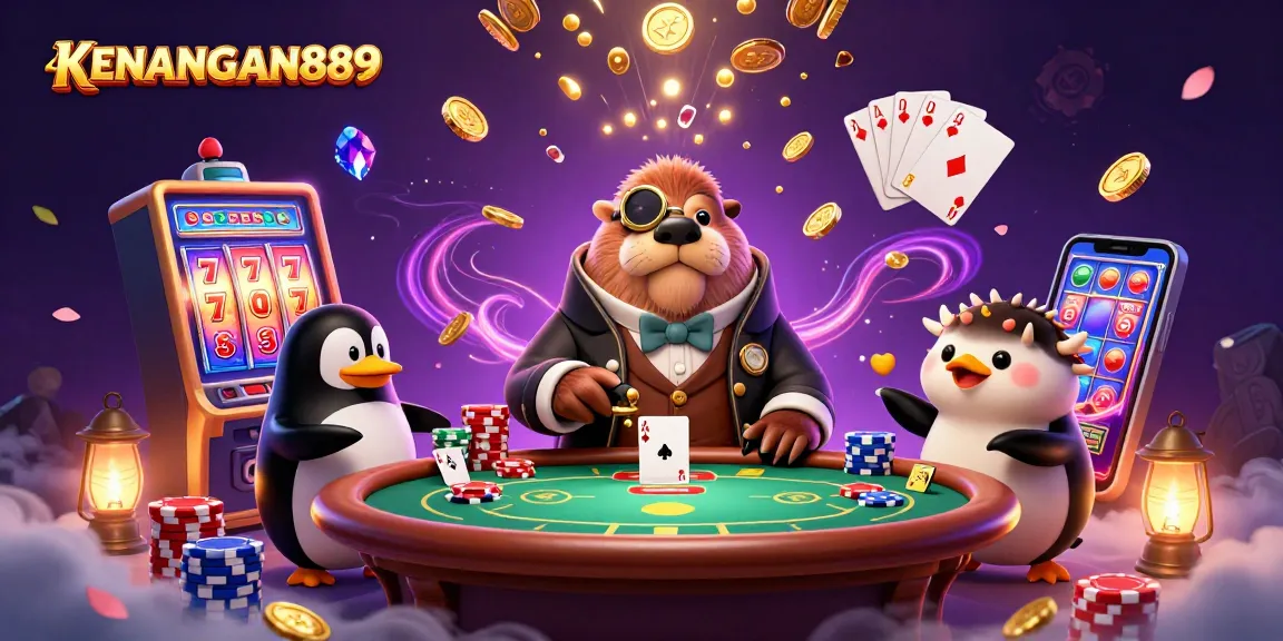 KENANGAN889's underwater poker scene features a walrus, penguin dealer, and a bluffing pufferfish with vibrant slot machine elements.
