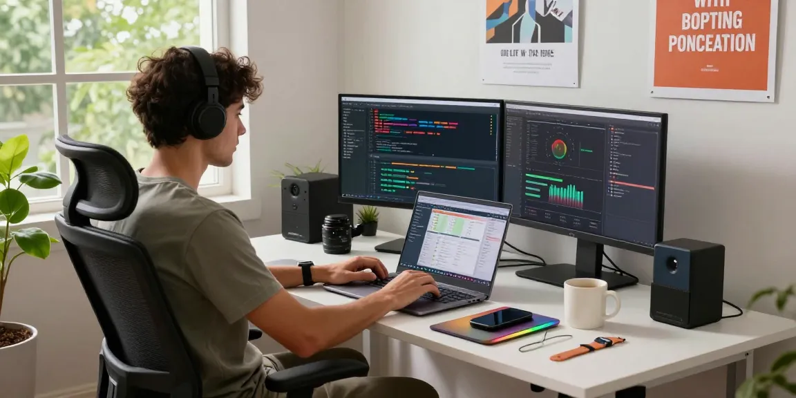 Developer coding on laptop with bdtjl screens in a bright home office setting.