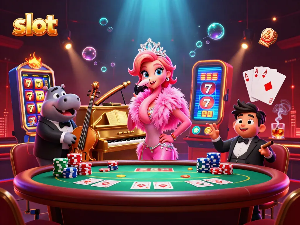 Slot menarik dengan flamingo penyanyi dan hippo pemusik di kasino yang glamor