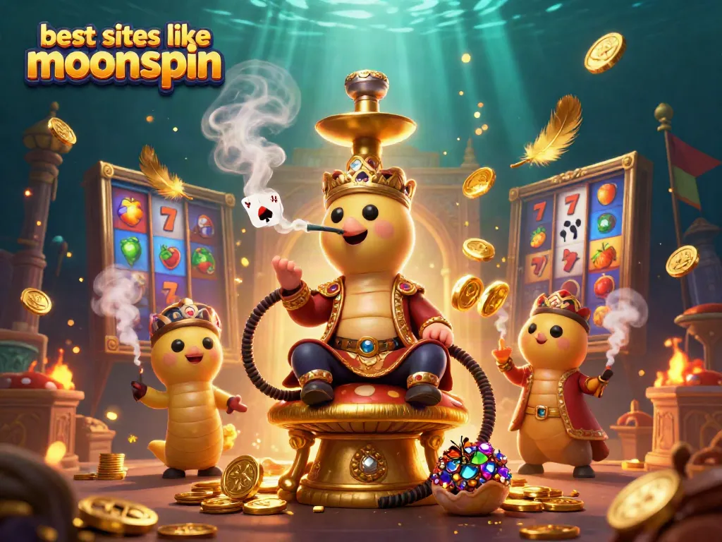 Engage with the best sites like moonspin in a vibrant casino illustration featuring a caterpillar master, slot symbols, and dynamic game elements.