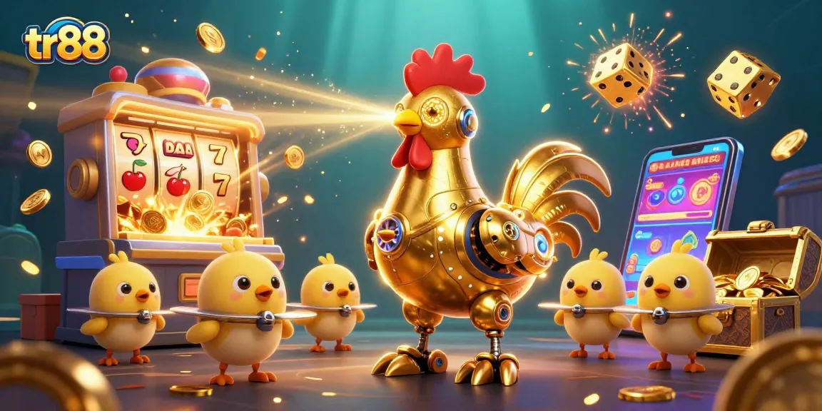 Experience the excitement of tr88 casino with a golden rooster robot and dynamic gaming elements.