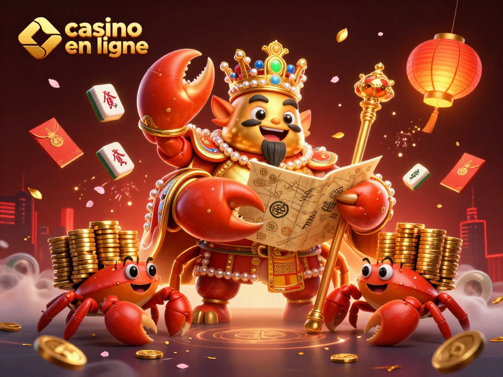 Découvrez des jeux captivants sur un casino en ligne, avec un crabe doré entouré de lanternes et de confettis