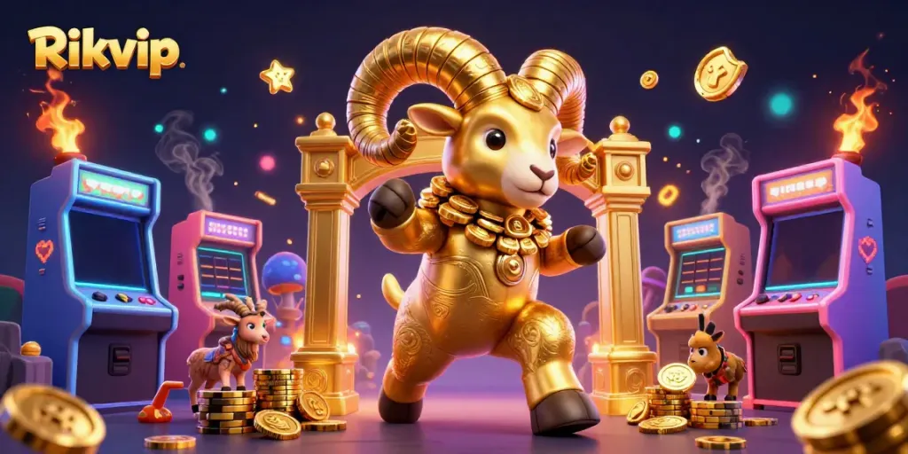 Experience the excitement of Rikvip with a golden ram charging past colorful casino elements.