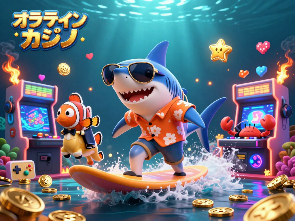 オンラインカジノのアートワークでは、ハンマーヘッドシャークが金のコインの波に乗っています。