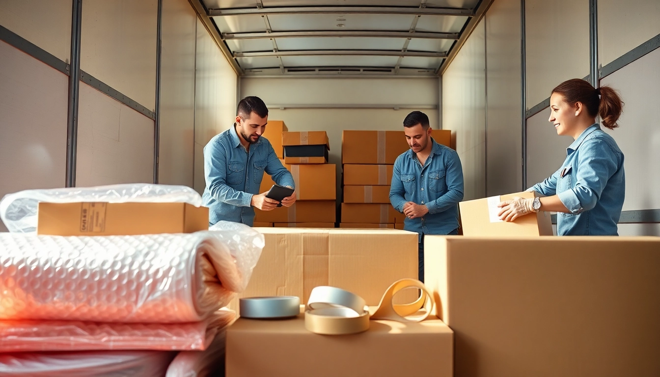 Professional Packing Services showcasing experts arranging items and using packing materials.