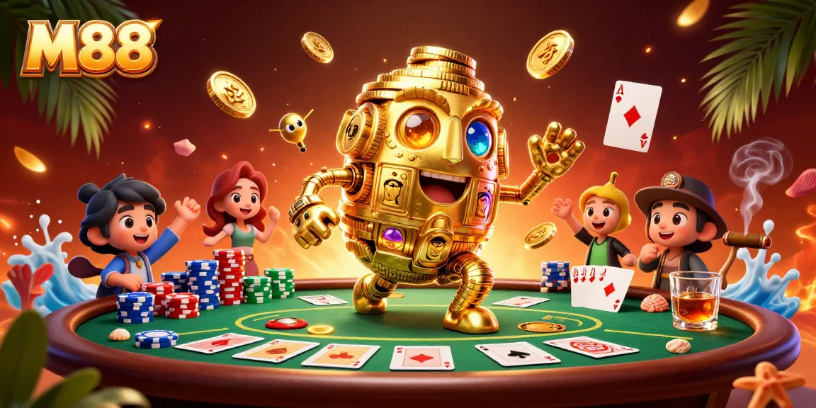 M88 offers a vibrant scene of a golden golem surrounded by poker elements in a dynamic casino illustration.