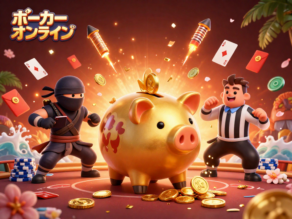 ポーカーオンラインで勝利を目指す、金色の貯金箱相撲力士とカード侍が豪華なシーンに登場。