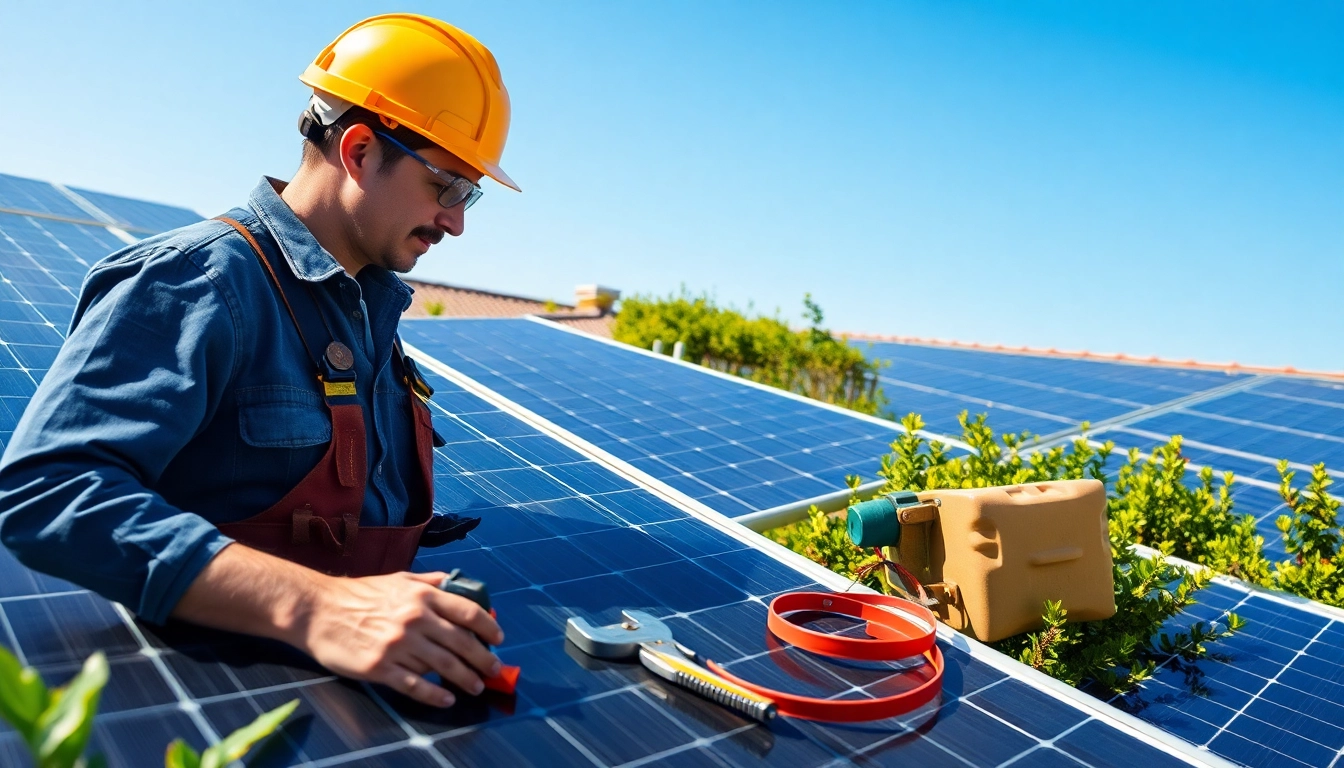 Technician performing solar system repair on solar panels in a bright rooftop setting.