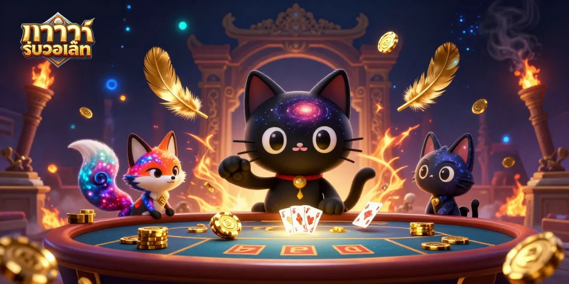 Engage with บาคาร่ารับวอเลท at a cosmic casino with a black hole cat and nebula fox.