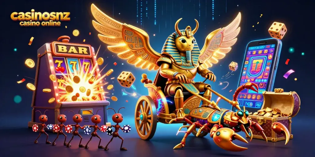 Experience thrilling action with casinosnz casino online as a golden scarab beetle leads a chariot of fortune.