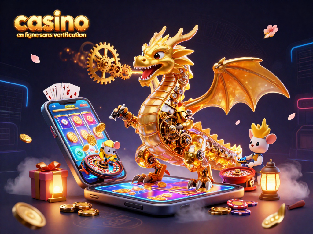 Jouez au casino en ligne sans vérification avec ce dragon doré et des jeux palpitants entourés de cartes et de jetons.