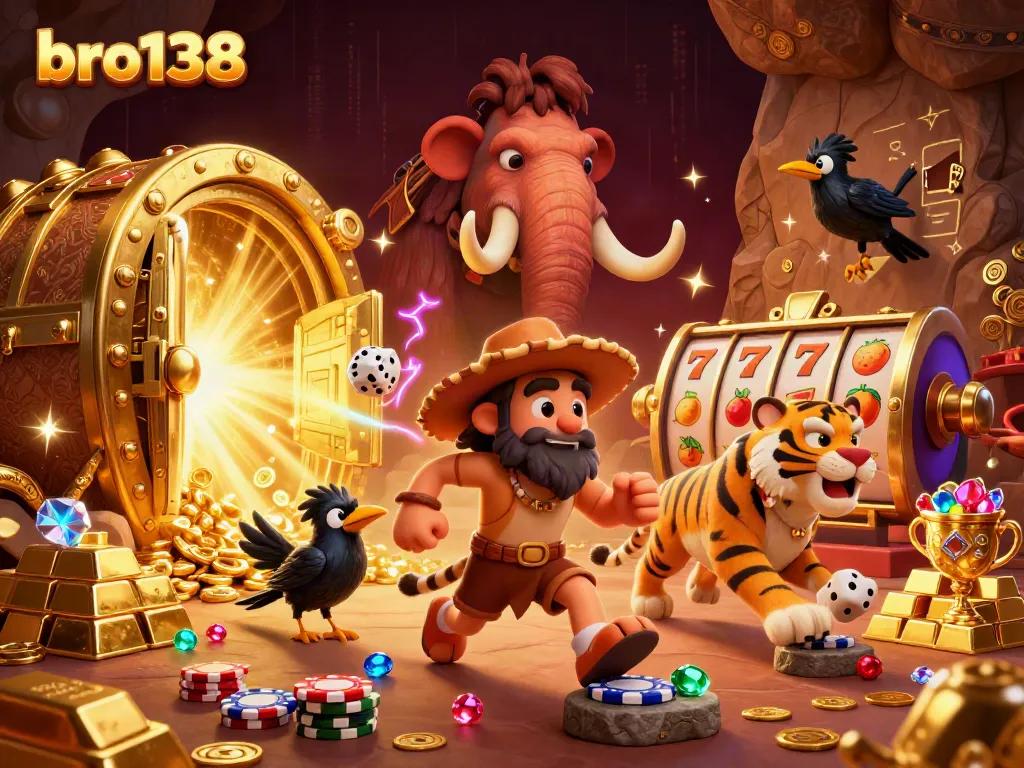 Engage in thrilling gameplay at bro138 with immersive casino-themed 3D art, featuring cavemen and tigers.