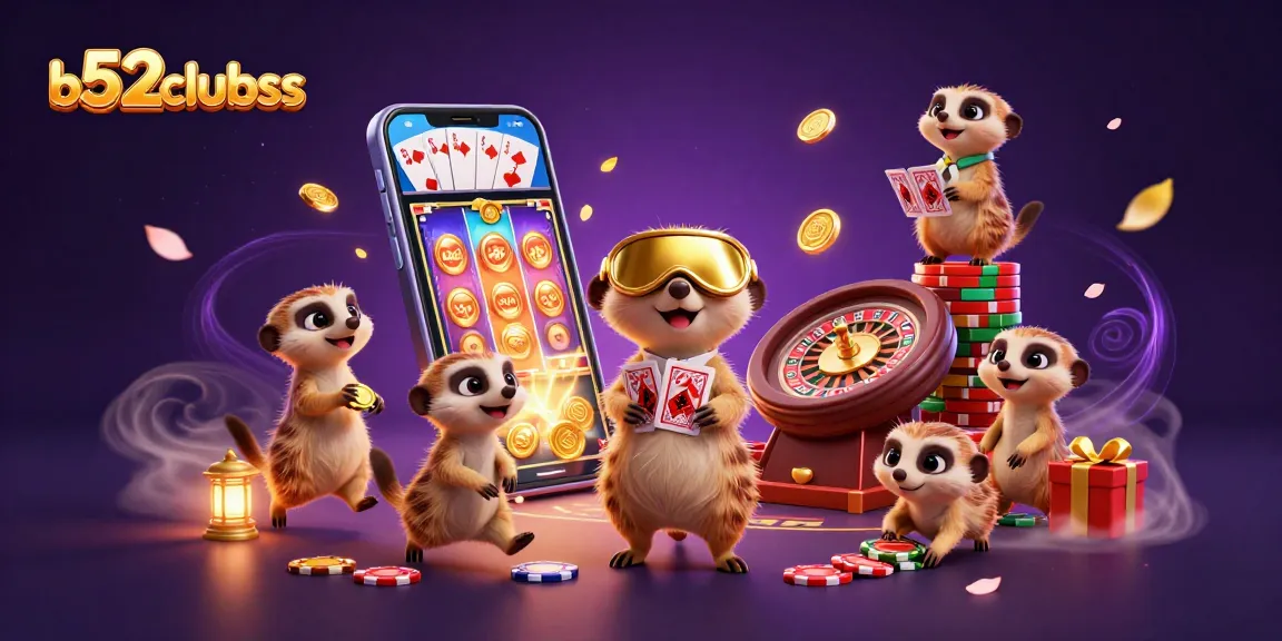 Experience exciting gaming action at b52clubss with animated meerkats running a lively casino.