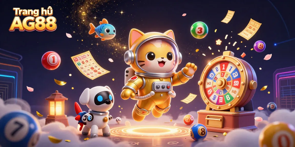 Play lottery games with fun elements at Trang chủ AG88, featuring a vibrant 3D scene.