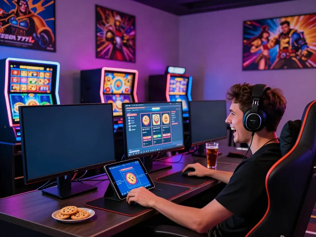 Seorang gamer antusias memainkan slot777 dengan monitor besar dan pencahayaan ambient yang menarik.