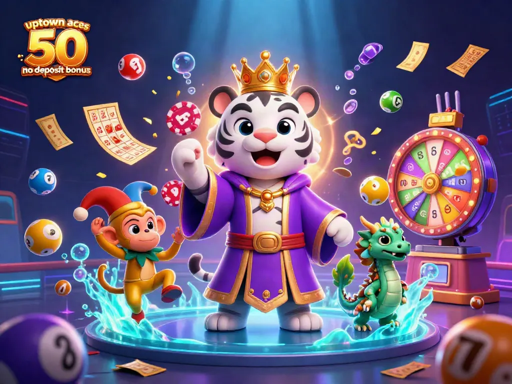 Experience the excitement of uptown aces 50 no deposit bonus with vibrant characters and casino elements.