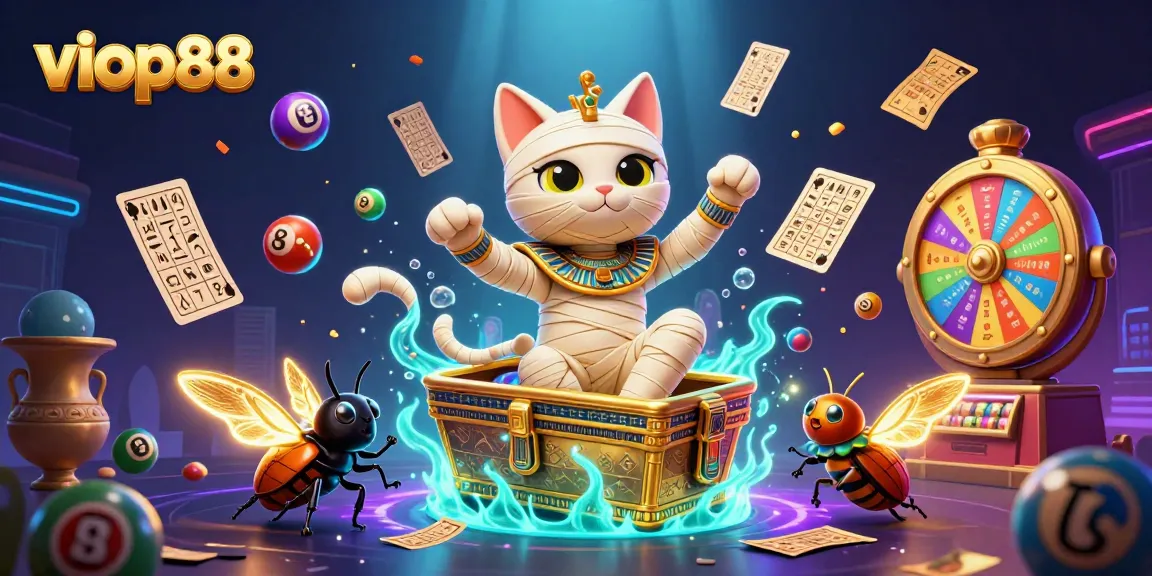 Experience exciting gameplay at viop88 with a vibrant 3D casino scene featuring a mummy cat and golden elements.
