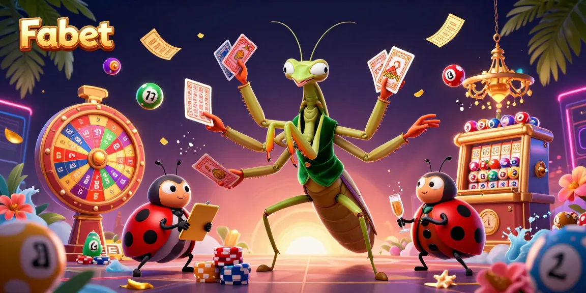 Experience Fabet's vibrant gambling scene with a cartoon mantis and ladybug amidst colorful lottery elements.