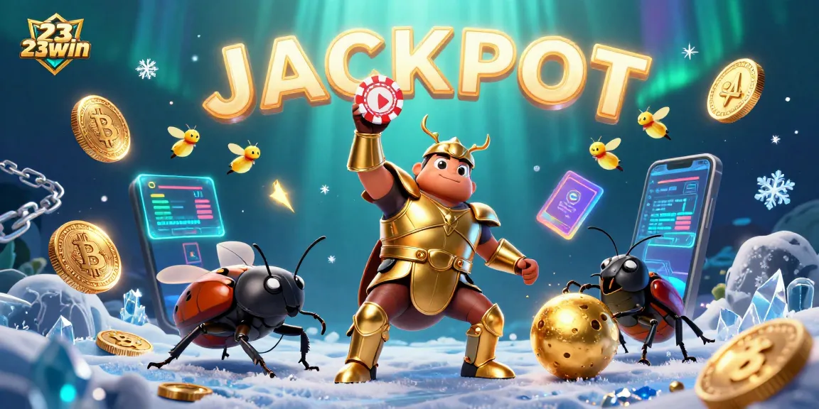 Explore the extravagant 23win casino world with a victorious beetle and vibrant jackpot display.