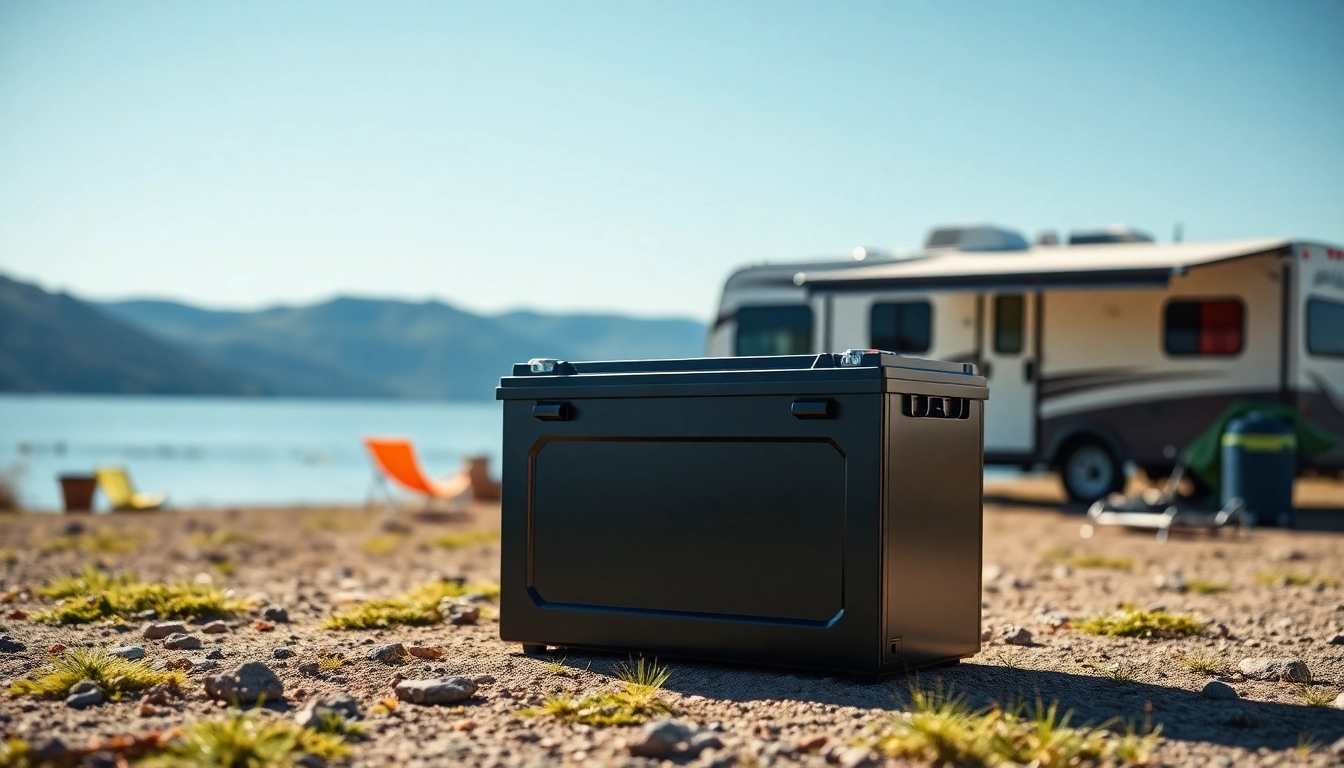 Showcasing lithium RV batteries in a scenic outdoor campsite, illustrating reliability and adventure.