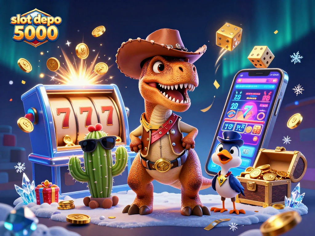 Engage with exciting slot depo 5000 gameplay between a cartoon dinosaur and friends amidst a jackpot explosion.