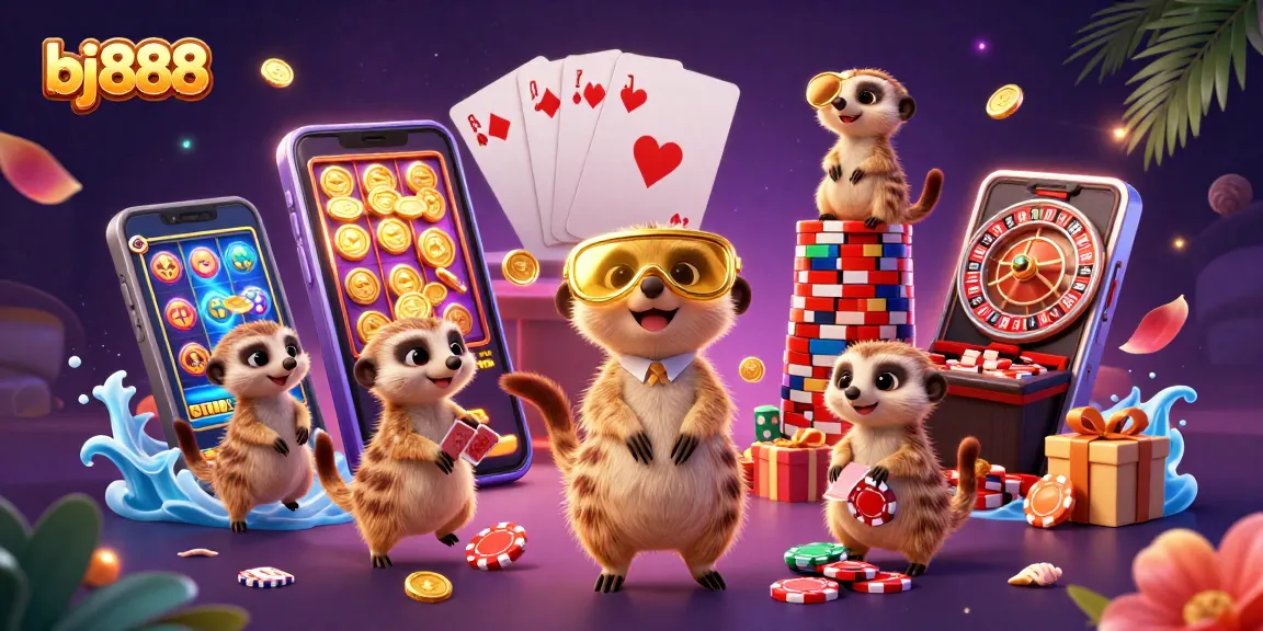 Engaging scene showcases bj888 meerkats in a lively casino atmosphere, highlighting fun gaming elements.