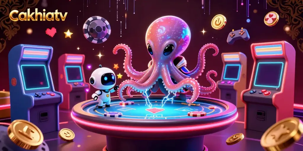 Engage in CakhiaTV's dynamic casino world with alien octopus and vibrant gaming elements.