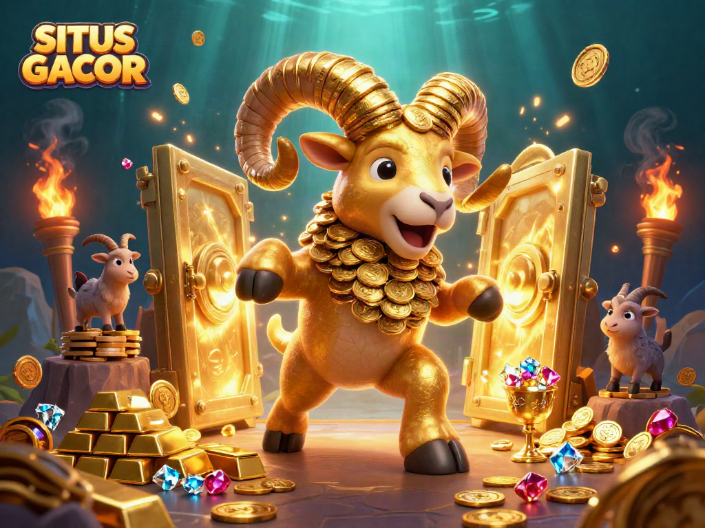 SITUS GACOR showcases a golden ram charging through a treasure-filled casino scene.