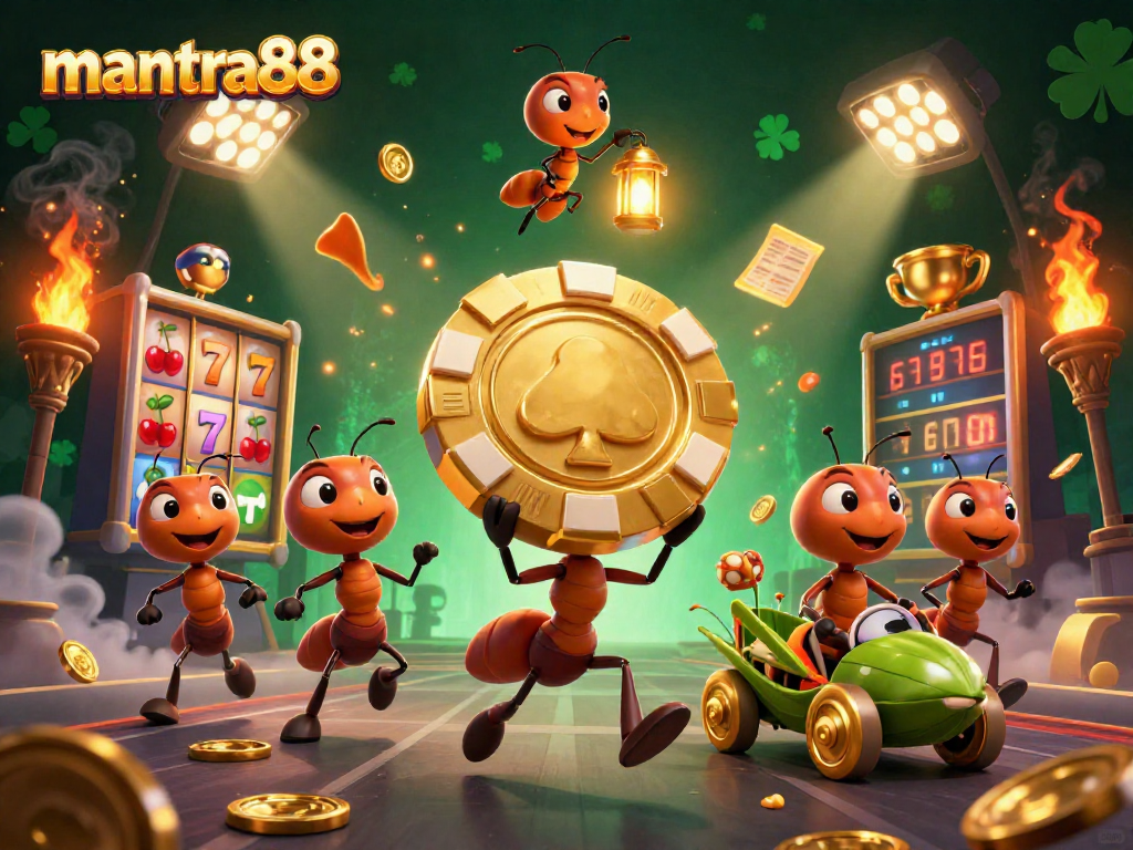 Experience an exciting game with mantra88 as ants execute a heist in a vibrant casino scene.
