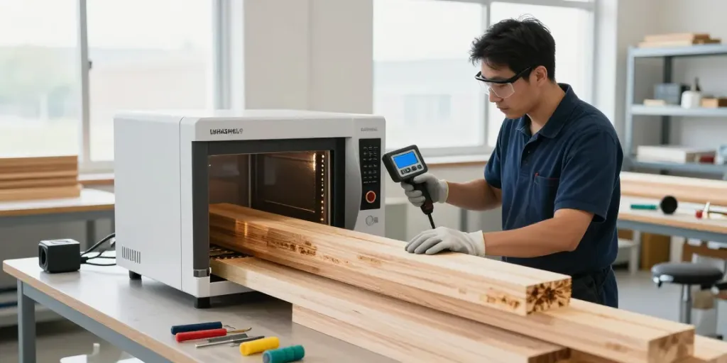 SHASHEL® microwave device for effective pest elimination in wood treatment.