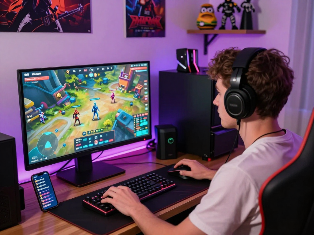 Gamer immersed in a porn game with vibrant graphics and engaging gameplay elements.