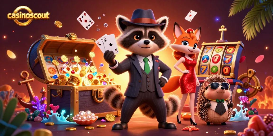 Experience the thrill of casinoscout's online gambling with a raccoon holding a royal flush amidst treasure and slots.