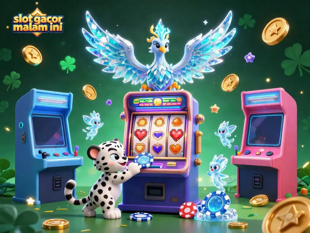 Menangkan slot gacor malam ini dengan ilustrasi 3D mesin slot yang dikelilingi karakter menarik dan hi-tech.