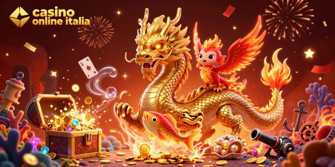 Casino online Italia: Illustrazione 3D di un drago dorato e un pesce fortunato in un tema di casinò.
