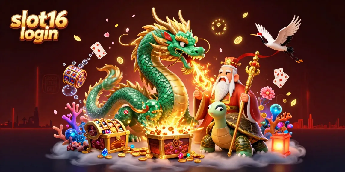 Experience the thrill of slot16 login with vibrant 3D digital art of a dragon and turtles in action.
