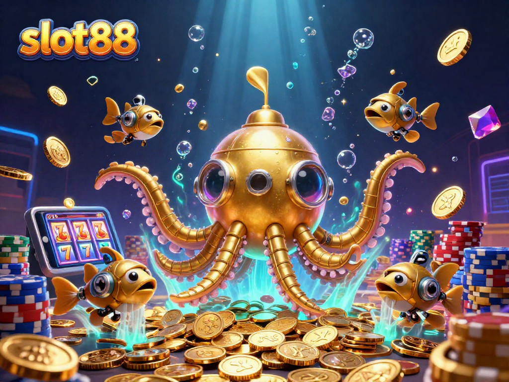 Spin and win at slot88 with a 3D kraken submarine immersed in golden coins and dynamic casino elements.