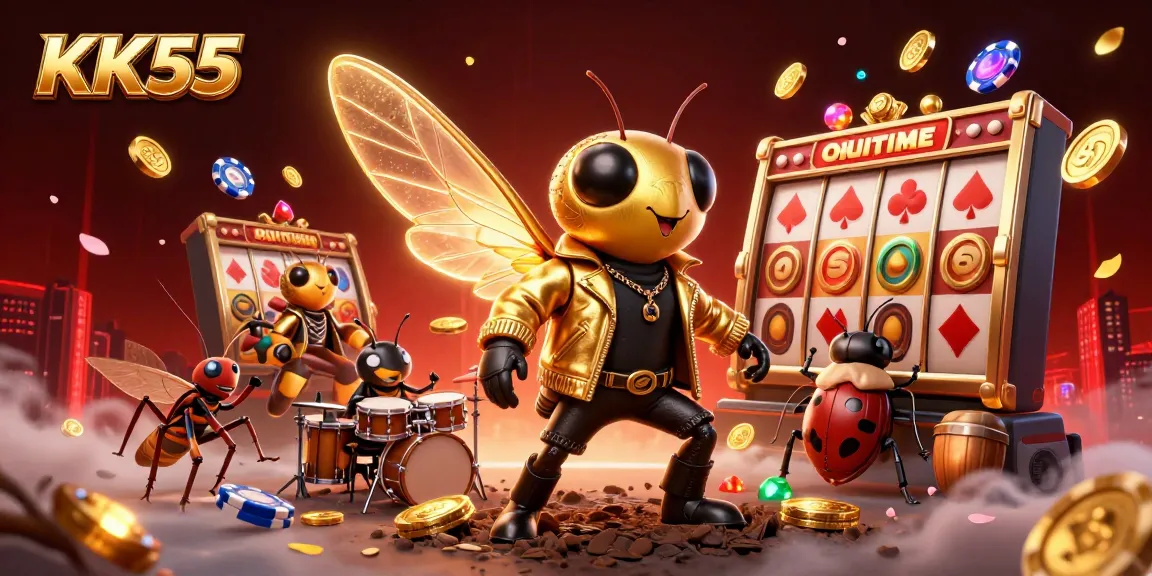 Exciting KK55 scene with a rock star cicada and vibrant slot games delivering thrilling entertainment.