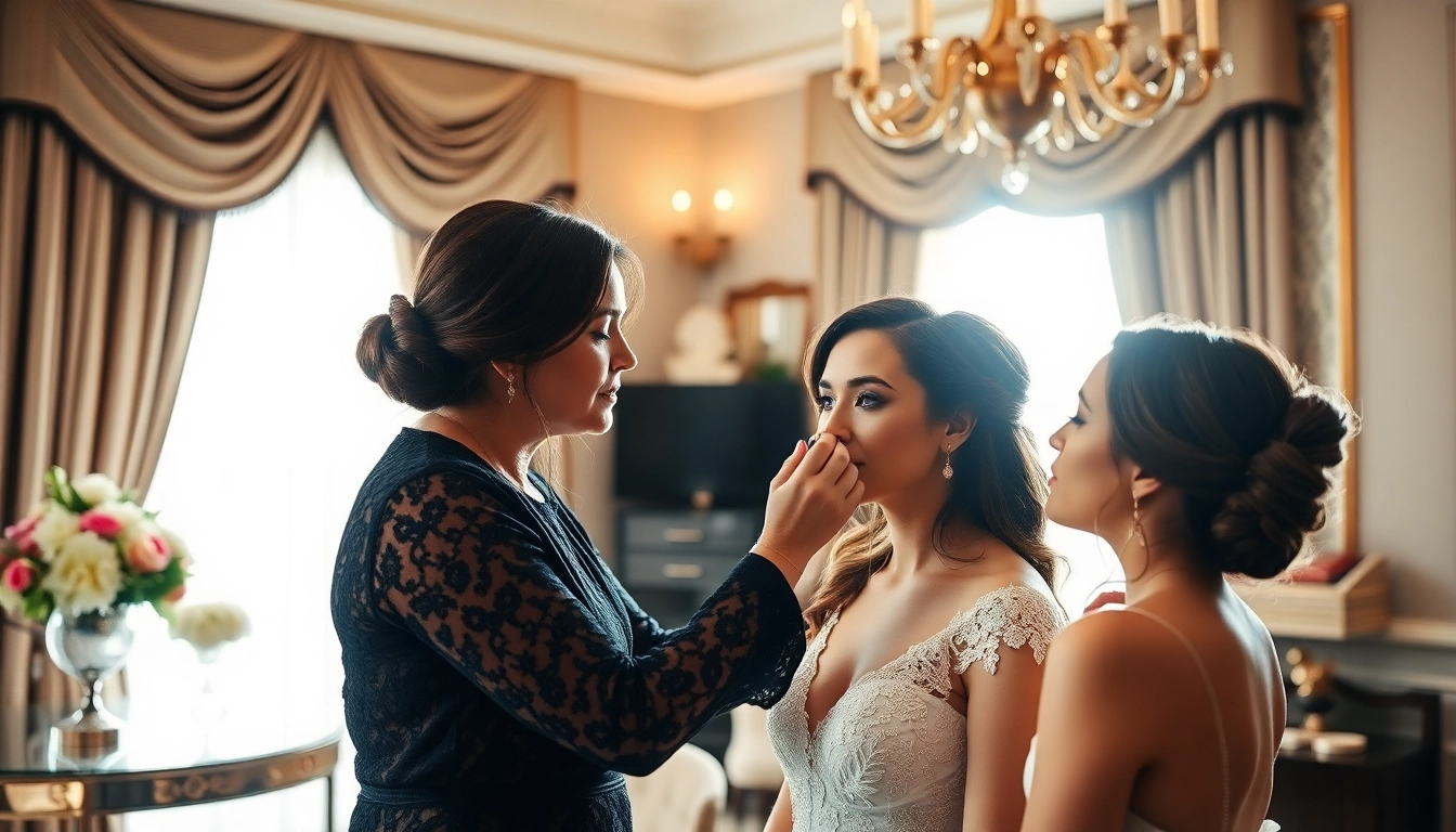 Dallas wedding makeup artist applying makeup to a bride in a luxurious bridal suite.