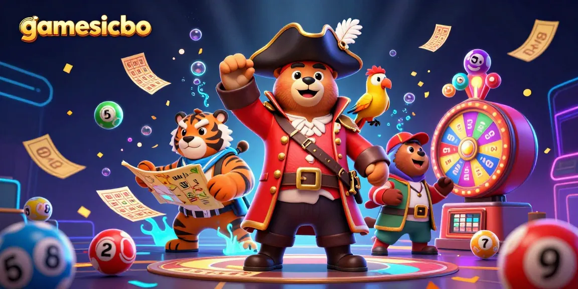 Play gamesicbo with excitement, featuring a pirate bear and vibrant lottery elements in an engaging scene.