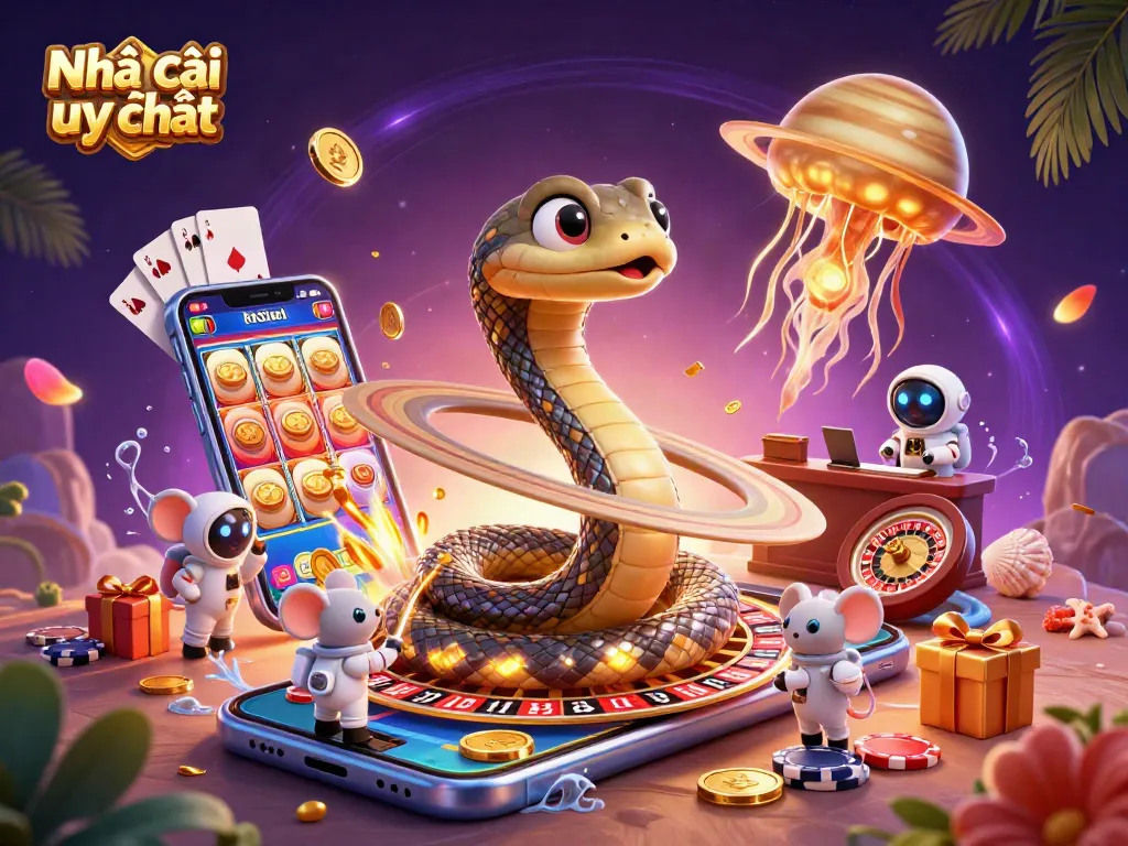 Experience intense action at Nhà cái uy tín with a vibrant 3D casino scene featuring betting mice and a cosmic dealer.