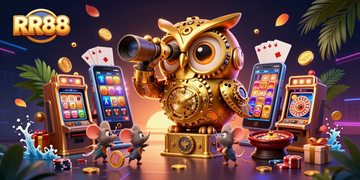 Experience exciting gaming at RR88 with a dynamic illustration of an owl overseeing casino action.