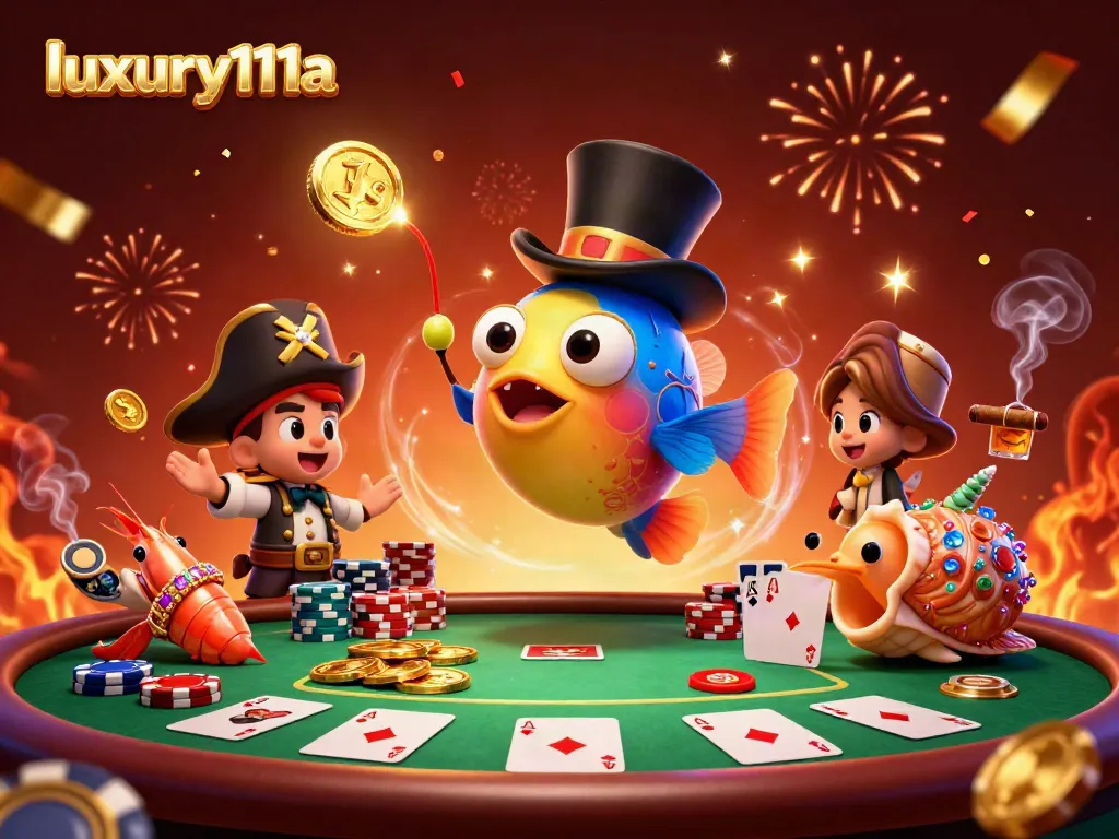 Experience the excitement of luxury111a with dynamic casino characters attracting coins in a vibrant, festive scene.