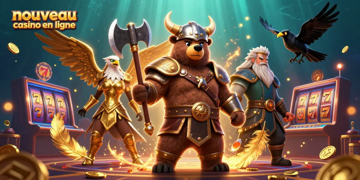 Illustration d'un nouveau casino en ligne avec un ours viking et une aigle valkyrie au milieu d'un décor de machines à sous.