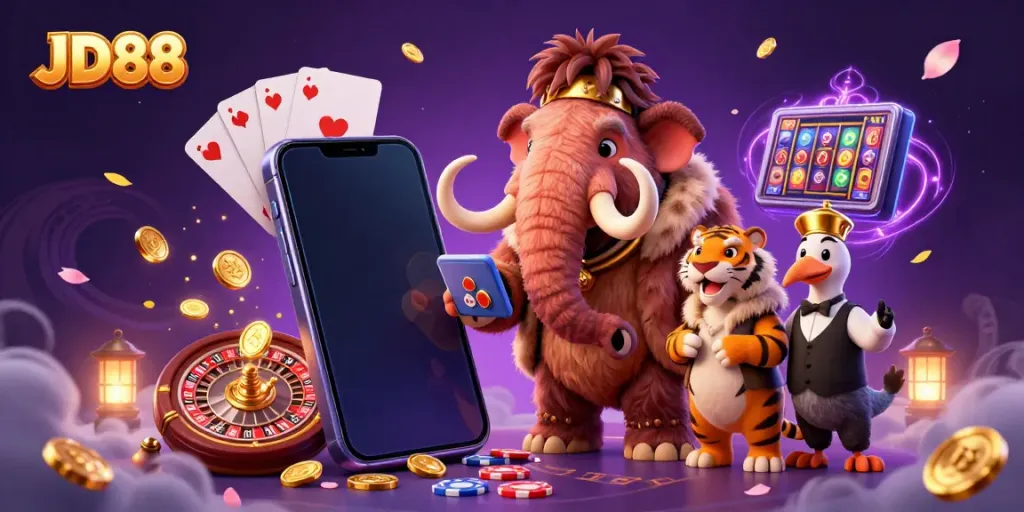 Experience the vibrant casino atmosphere of JD88 with diverse gaming elements and colorful characters.