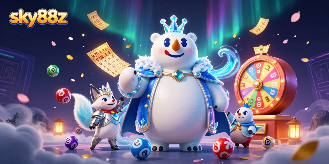 Play and win big at sky88z with an exciting dynamic scene of a polar bear king and lottery elements.