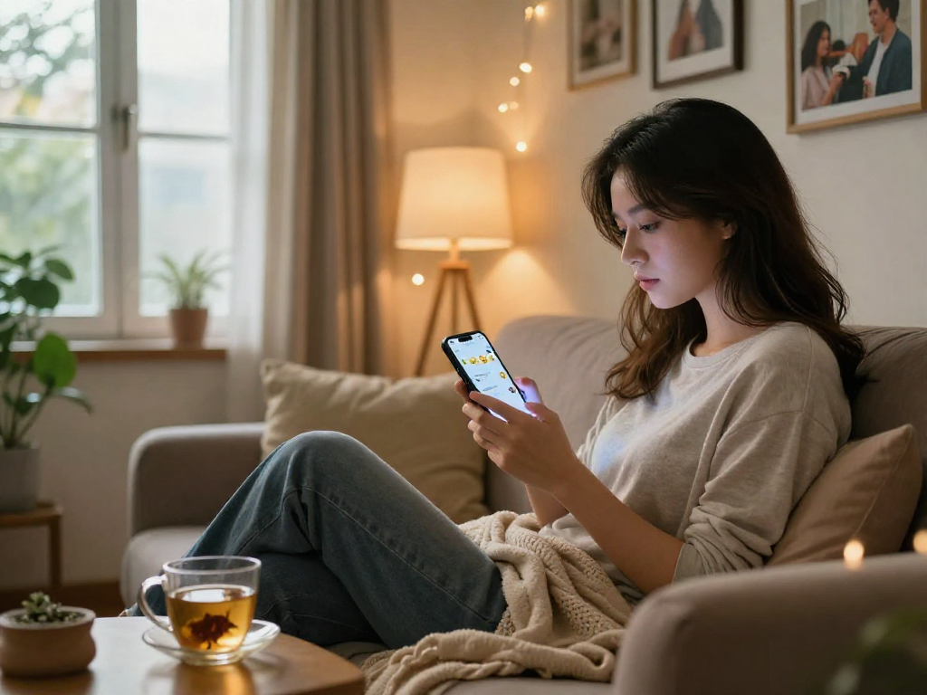 Young woman engaging in AI sexting on smartphone in cozy home office.