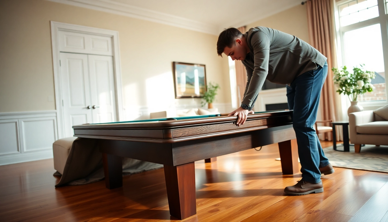 Pool table mover expertly handling a slate pool table in a bright living room setting.